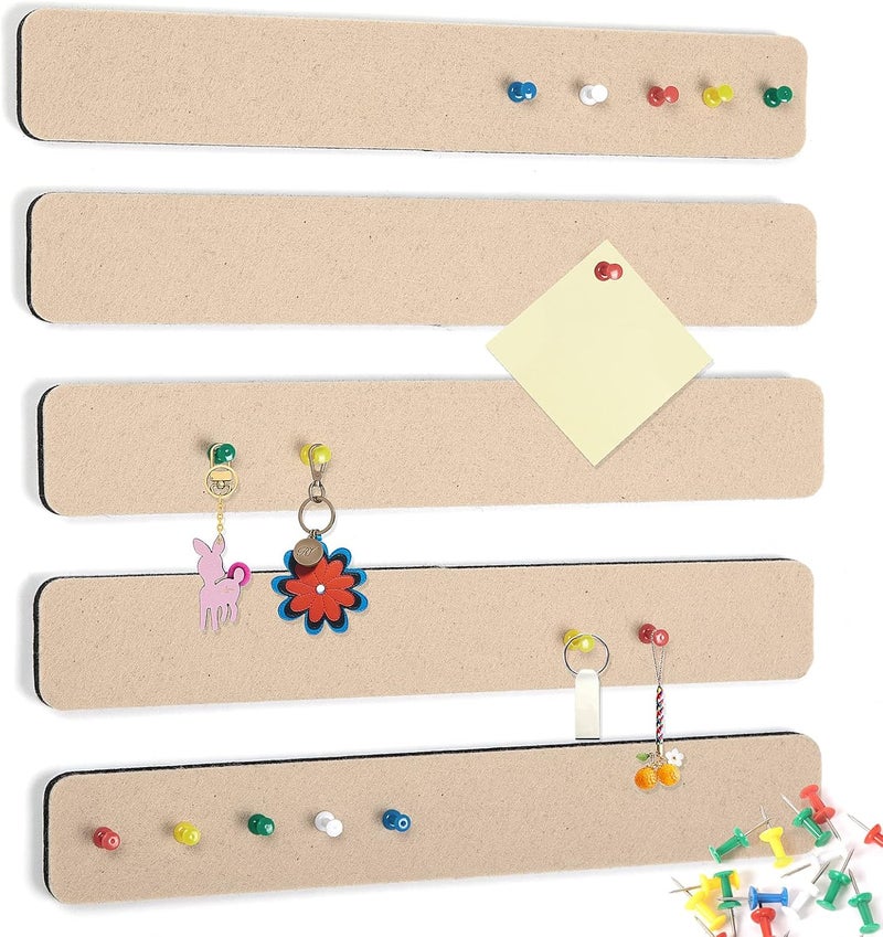 Arlasuo 5 Pack Felt Pin Board Bar Strips Bulletin Board for Bedrooms Offices Home Wall Decoration, Notice Board Self Adhesive Cork Board with 35 Push Pins for Paste Notes, Photos, Schedules (Camel) - Image 1